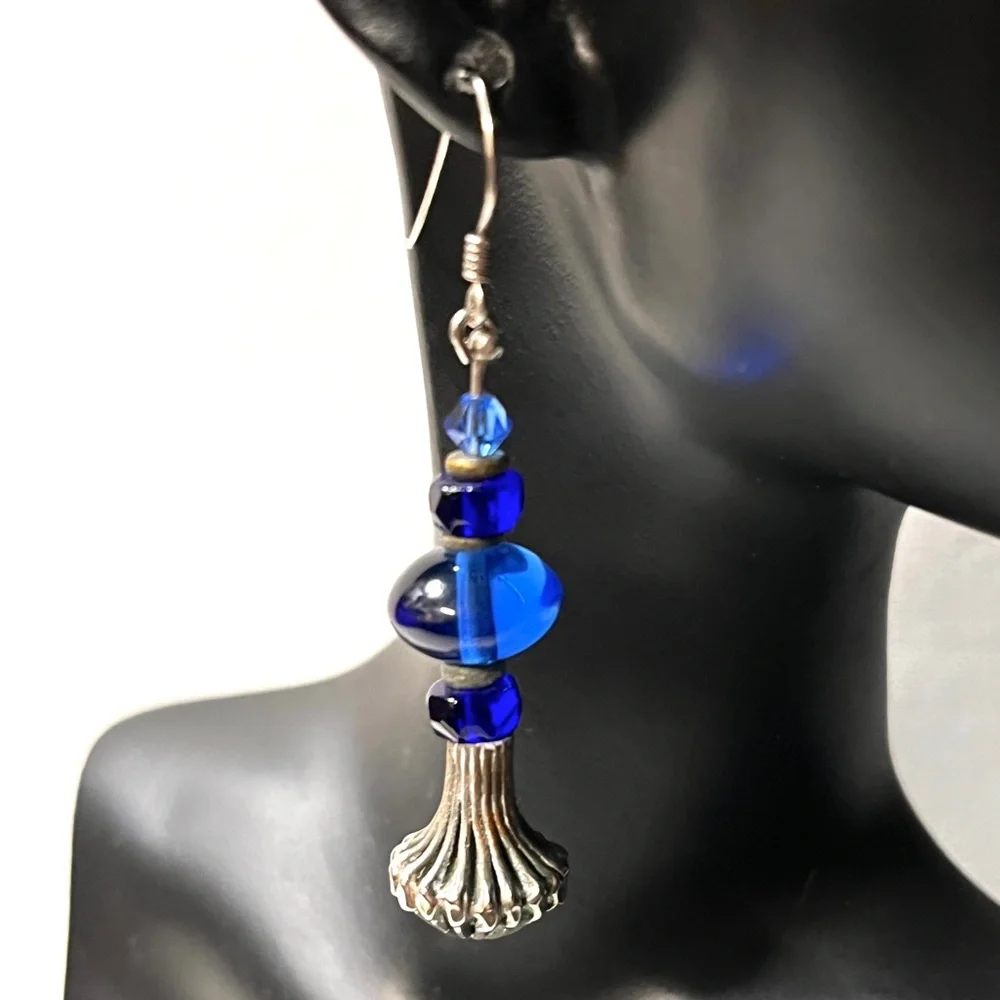 Cobalt Blue Glass & Silver-tone Beaded Pierced Earrings Handmade  2